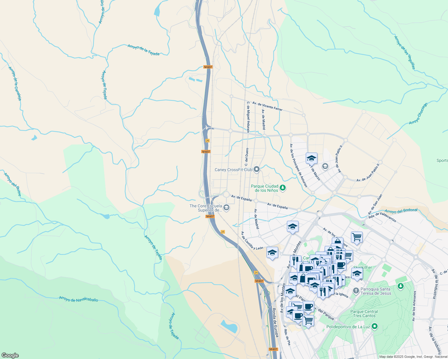 map of restaurants, bars, coffee shops, grocery stores, and more near Calle Margarita Sala in Madrid