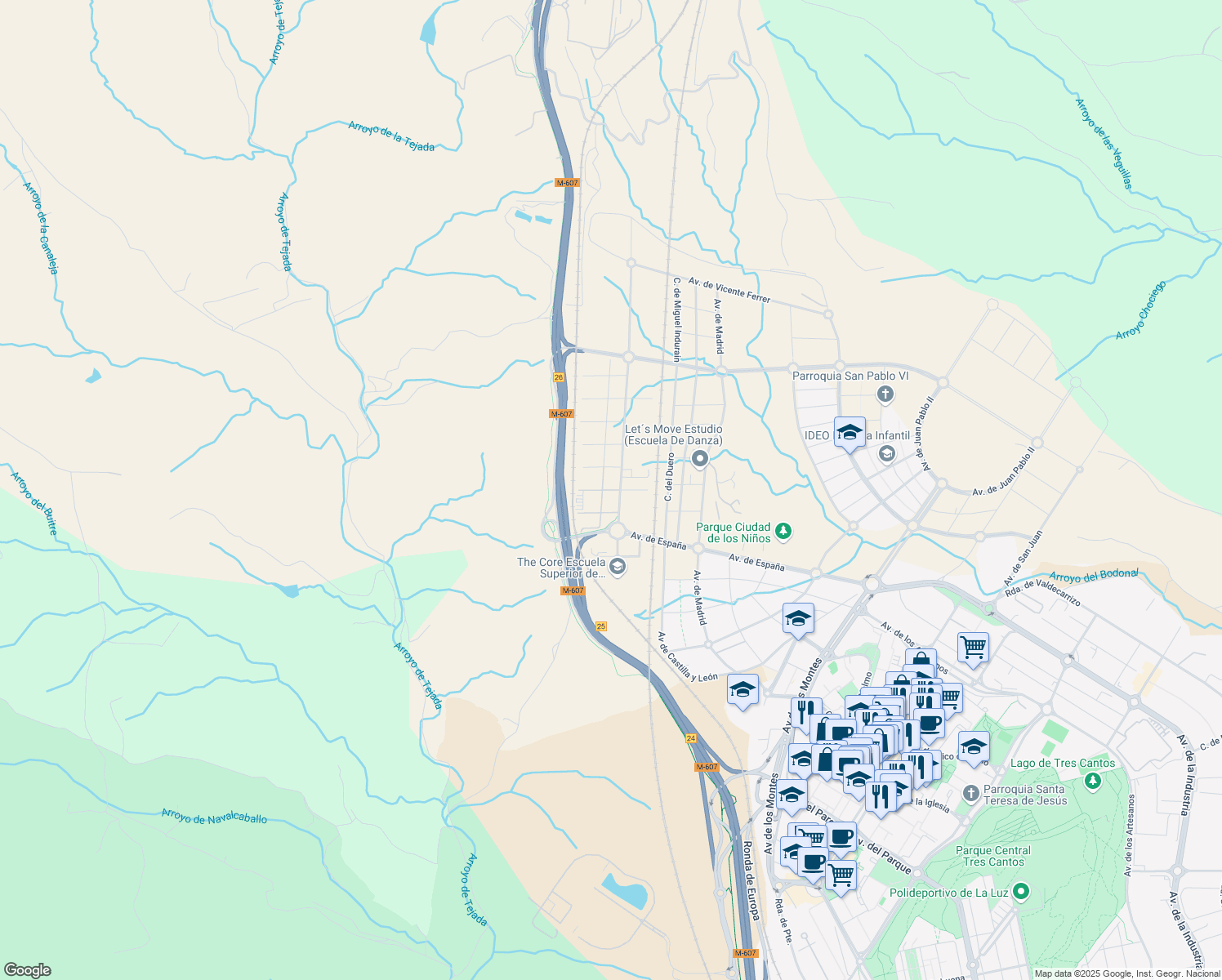 map of restaurants, bars, coffee shops, grocery stores, and more near Calle Margarita Sala in Madrid
