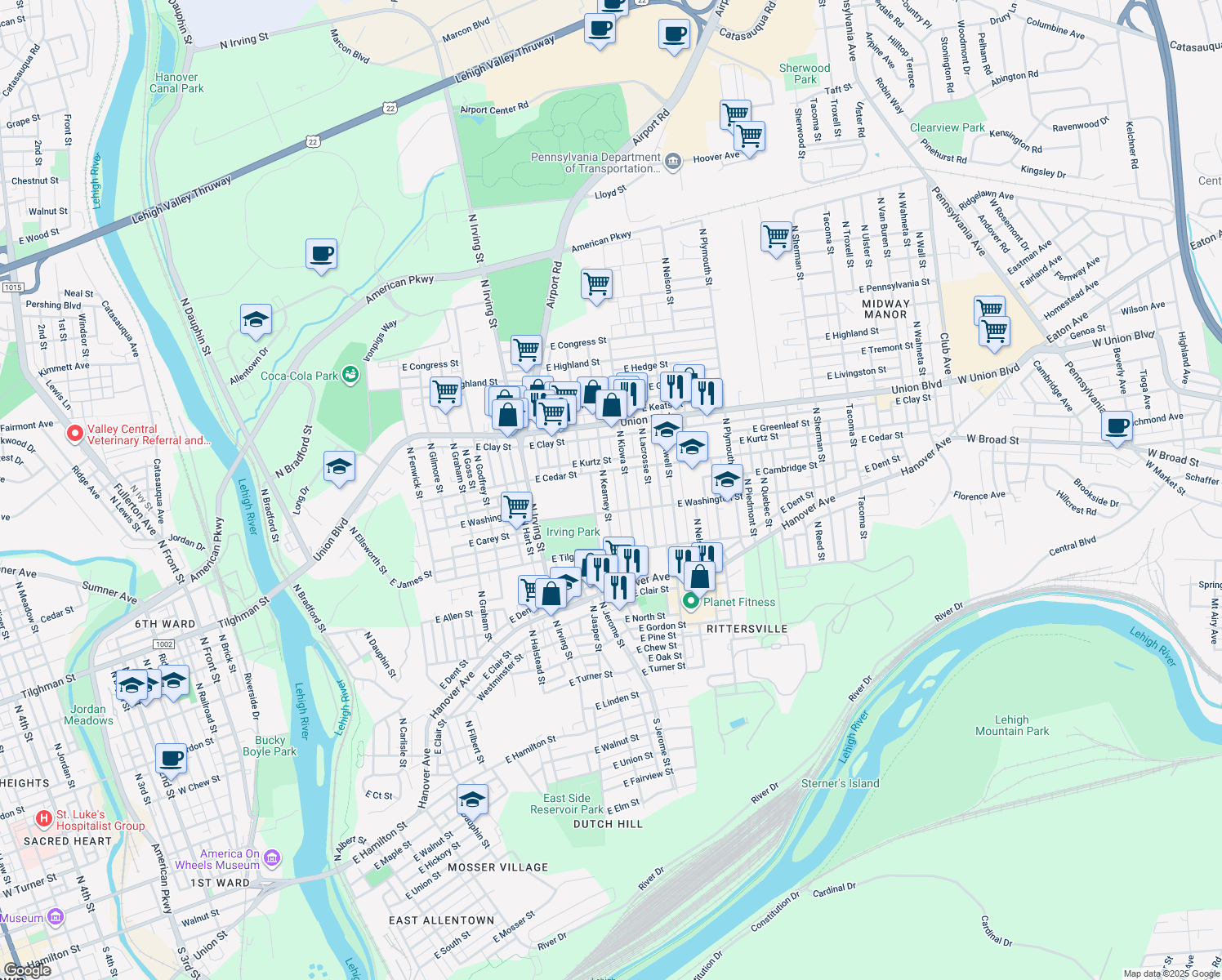 map of restaurants, bars, coffee shops, grocery stores, and more near 823 North Kearney Street in Allentown