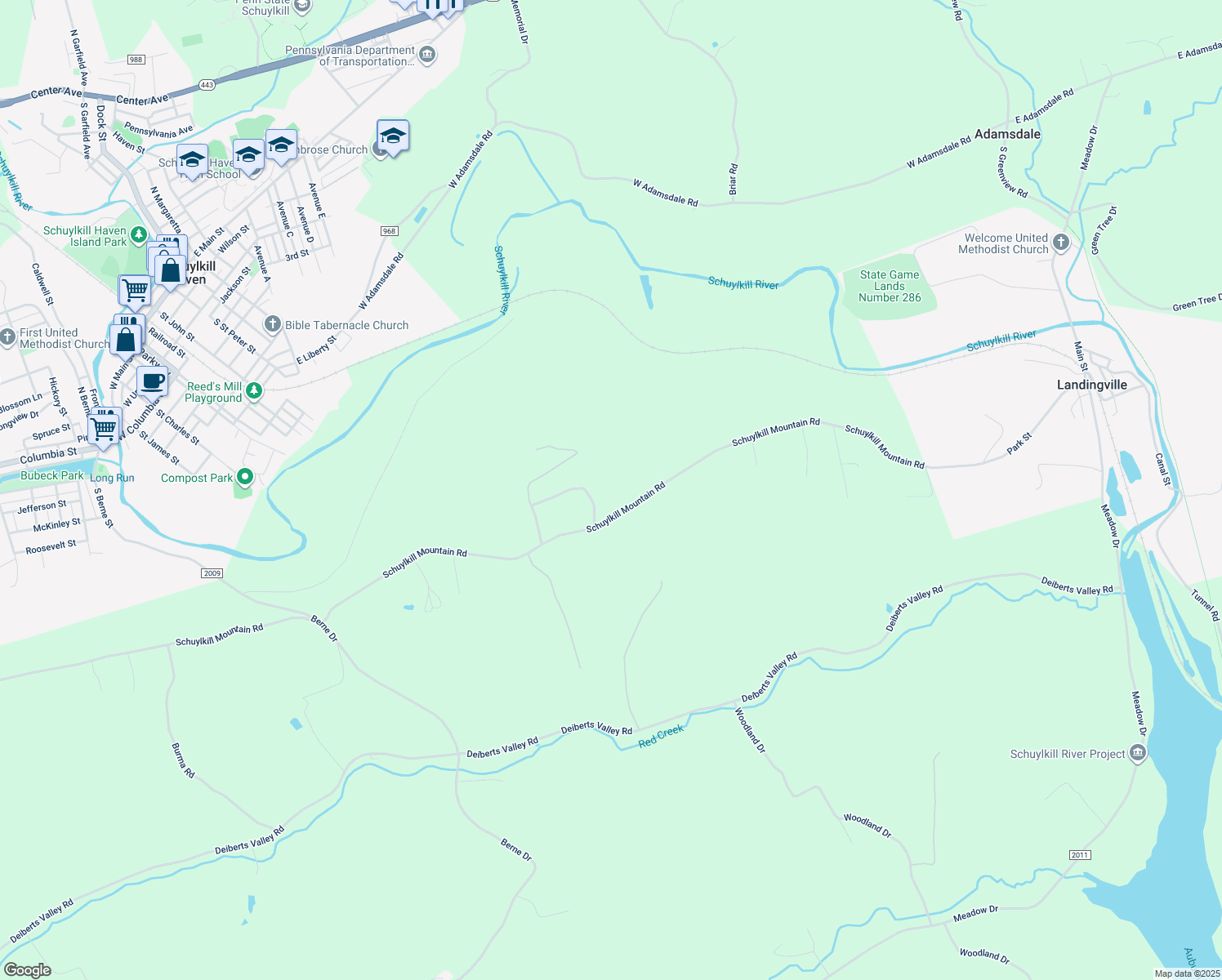 map of restaurants, bars, coffee shops, grocery stores, and more near 1365 Schuylkill Mountain Road in Schuylkill Haven