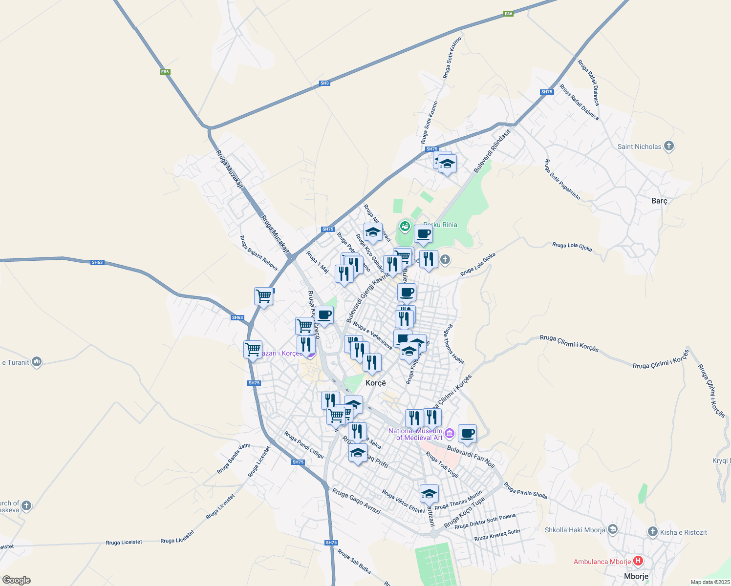 map of restaurants, bars, coffee shops, grocery stores, and more near Bulevardi Gjergj Kastrioti in Korçë