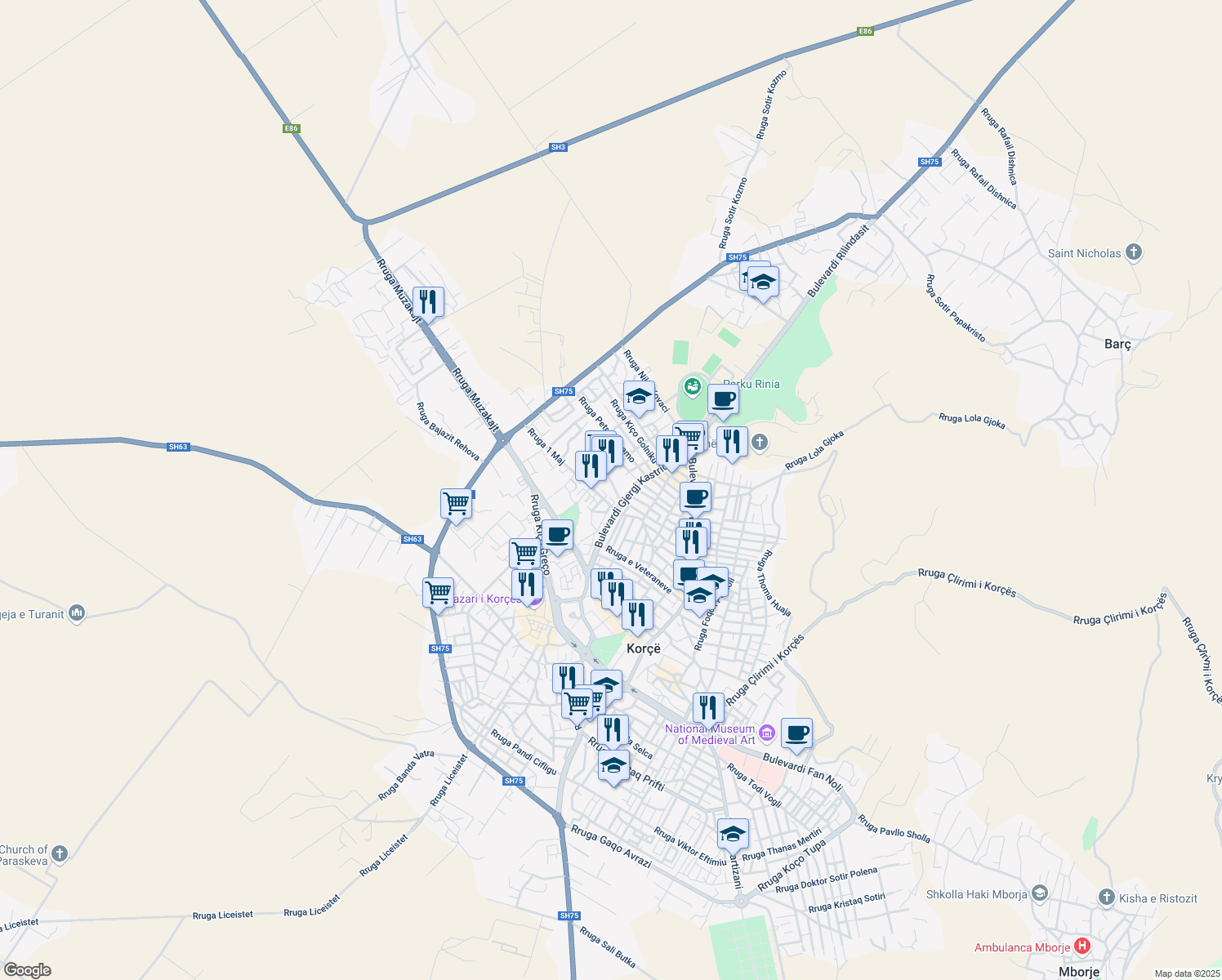map of restaurants, bars, coffee shops, grocery stores, and more near Rruga Dhimitër Denasi in Korçë
