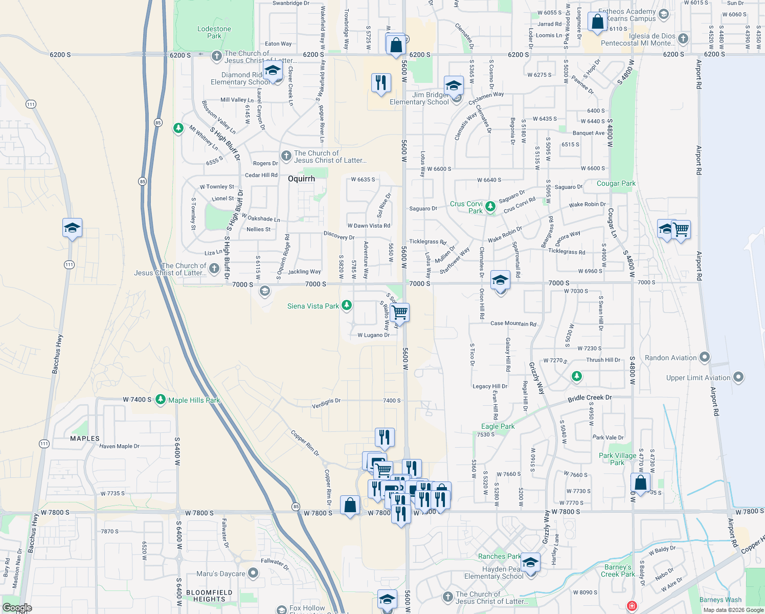 map of restaurants, bars, coffee shops, grocery stores, and more near 7074 South Rialto Way in West Jordan
