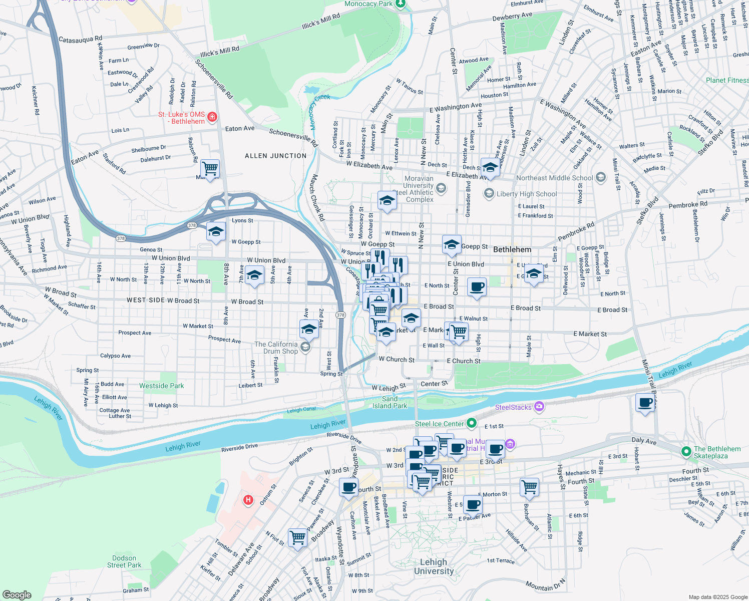 map of restaurants, bars, coffee shops, grocery stores, and more near 104 West Broad Street in Bethlehem