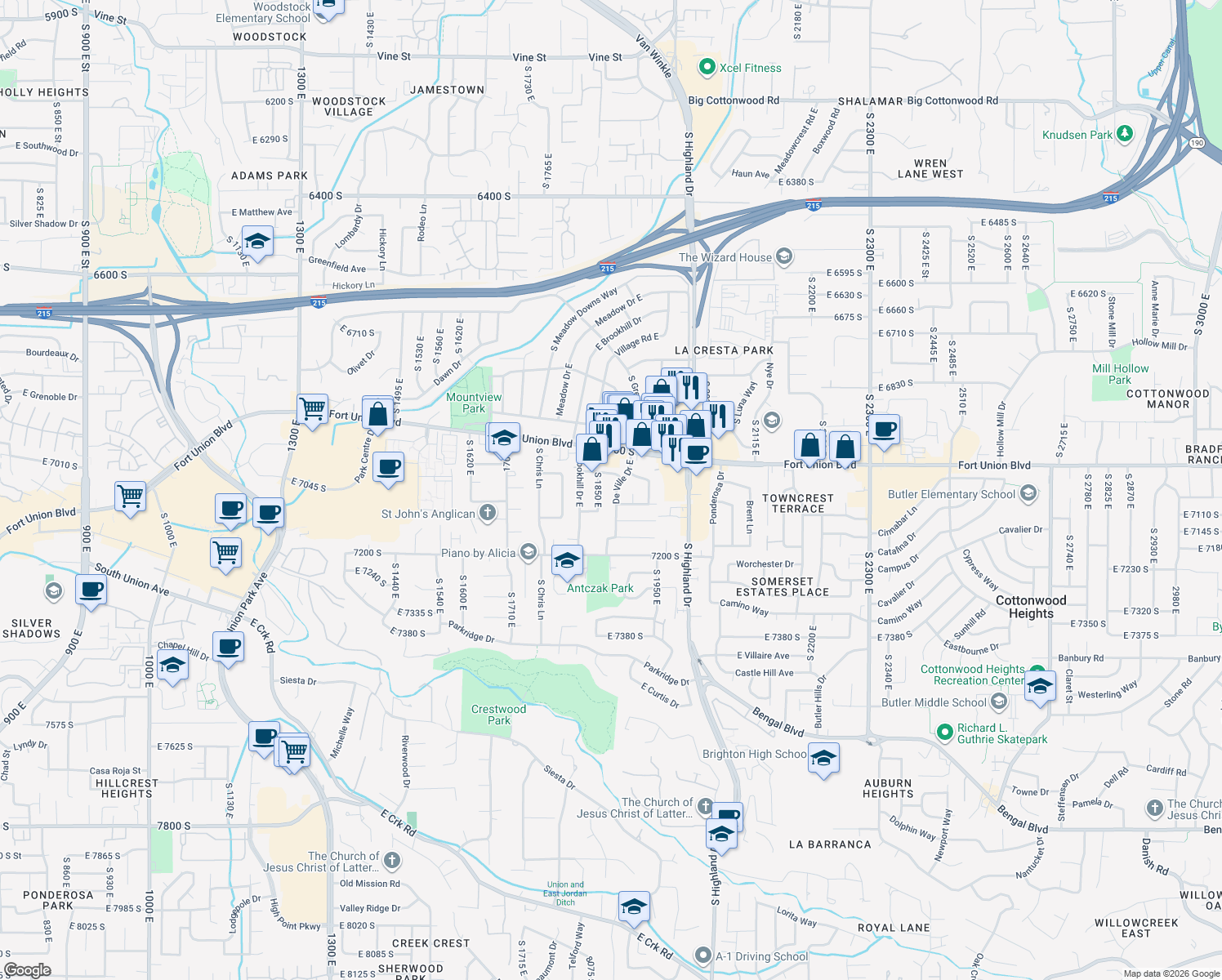 map of restaurants, bars, coffee shops, grocery stores, and more near 7058 De Ville Drive East in Cottonwood Heights