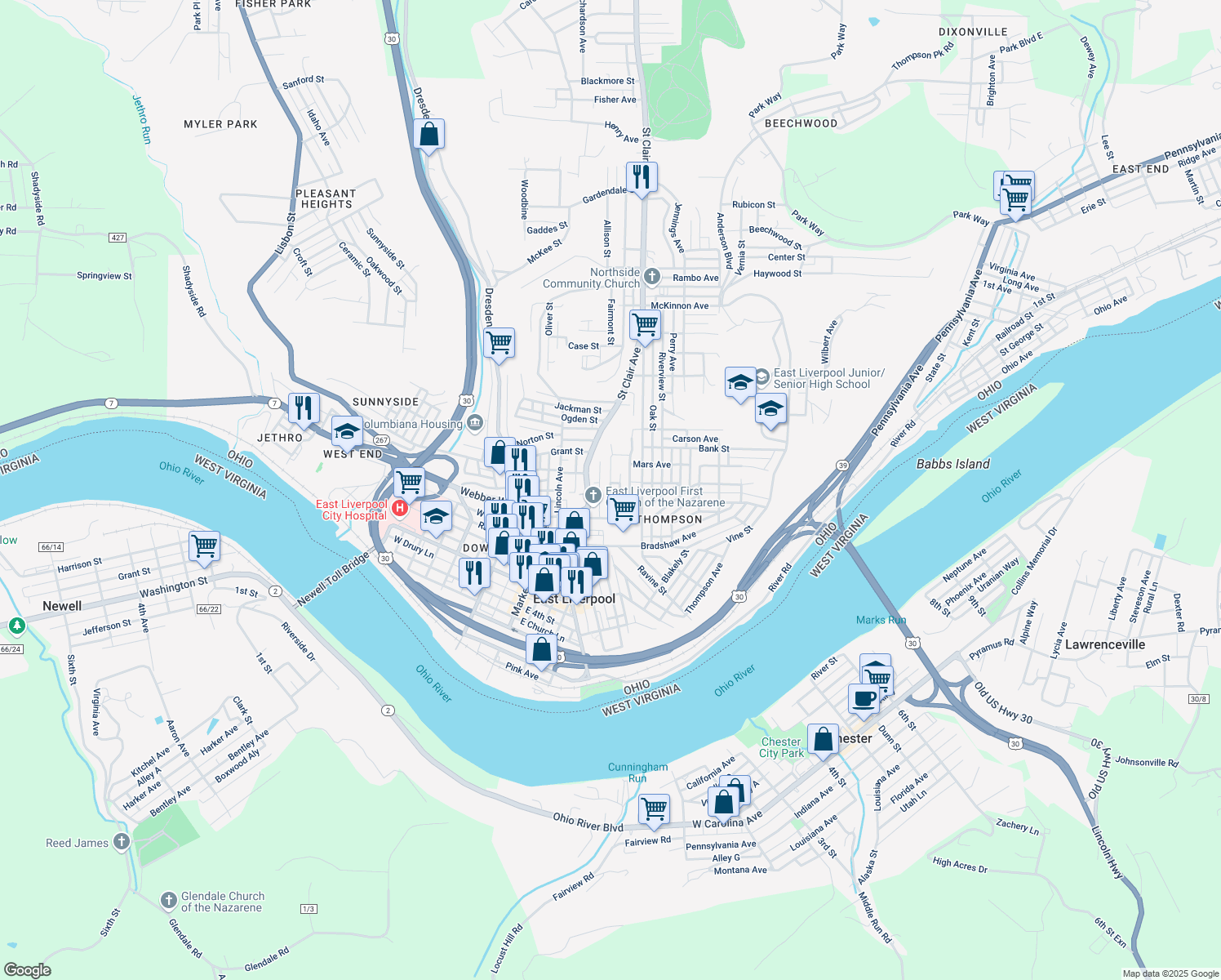 map of restaurants, bars, coffee shops, grocery stores, and more near 737 Sophia Street in East Liverpool