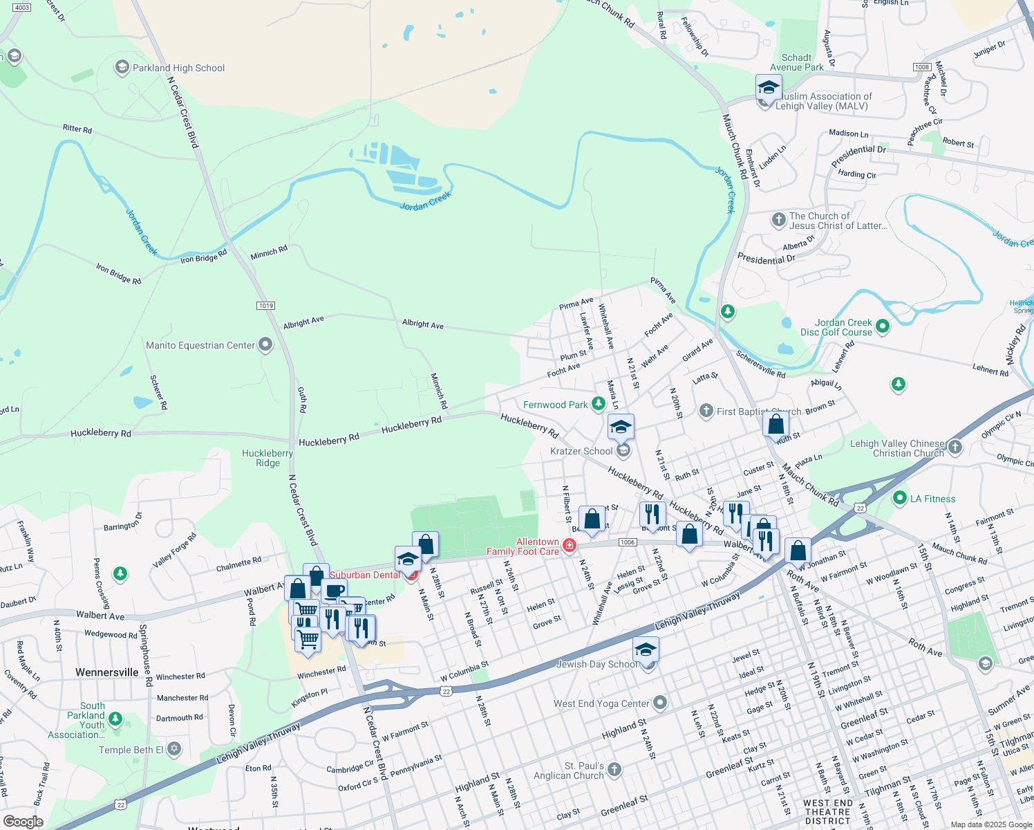 map of restaurants, bars, coffee shops, grocery stores, and more near 2478 Lisa Lane in Allentown