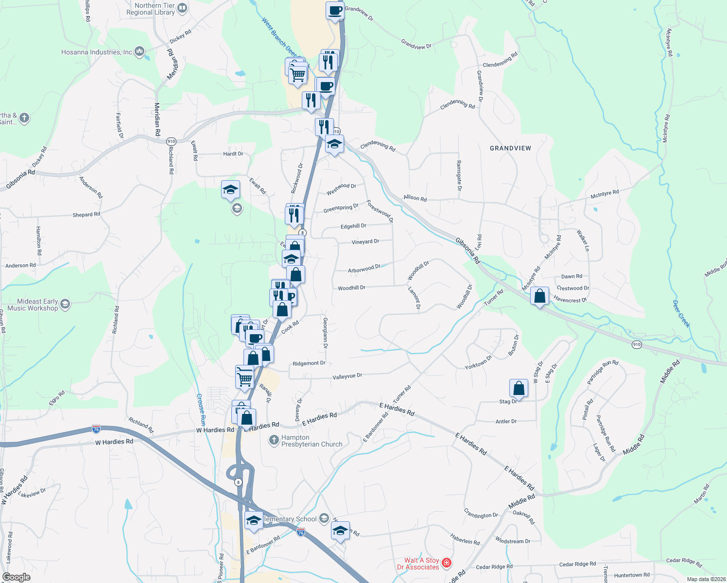map of restaurants, bars, coffee shops, grocery stores, and more near 1024 Woodhill Drive in Gibsonia