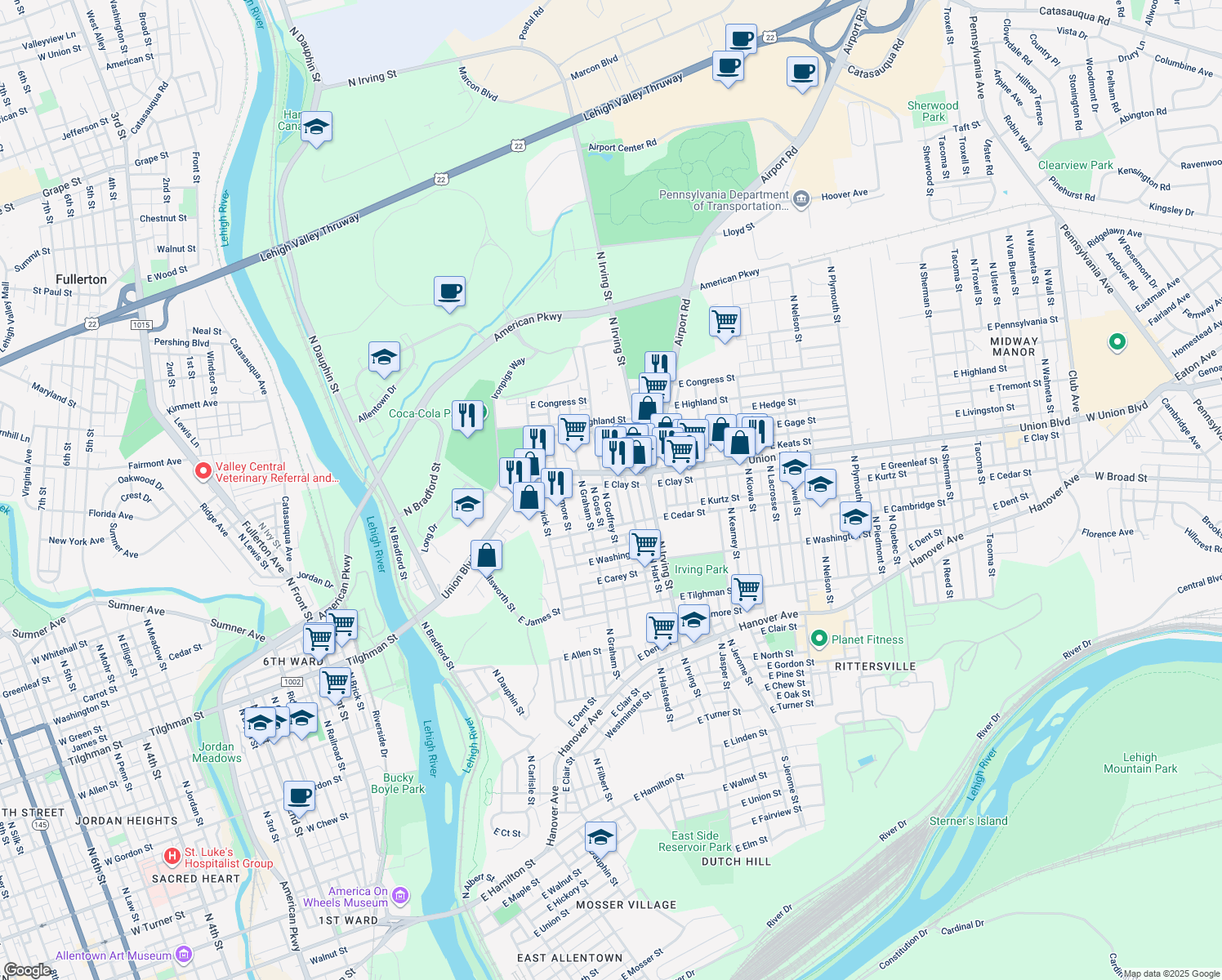 map of restaurants, bars, coffee shops, grocery stores, and more near 893 North Godfrey Street in Allentown