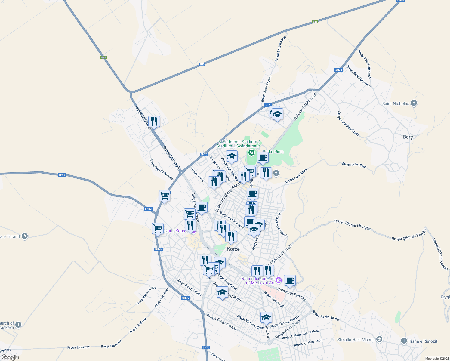 map of restaurants, bars, coffee shops, grocery stores, and more near Rruga Dhimitër Denasi in Korçë