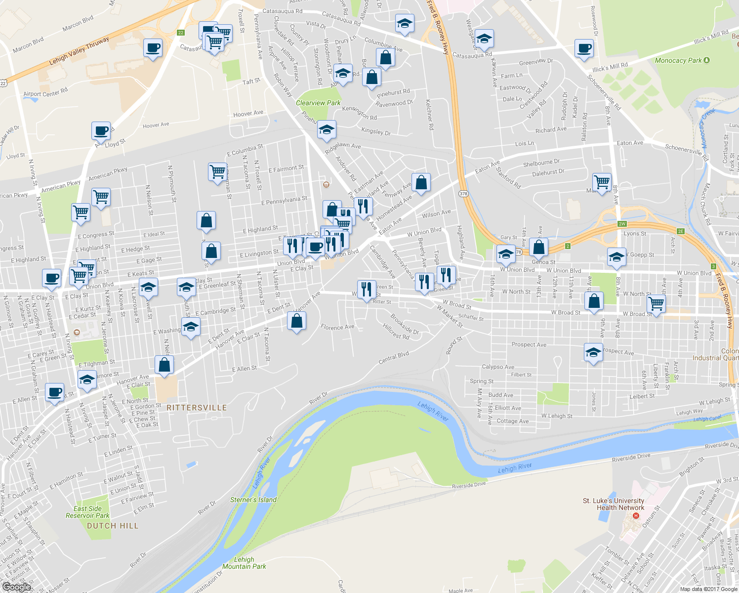 map of restaurants, bars, coffee shops, grocery stores, and more near 2069 West Broad Street in Bethlehem