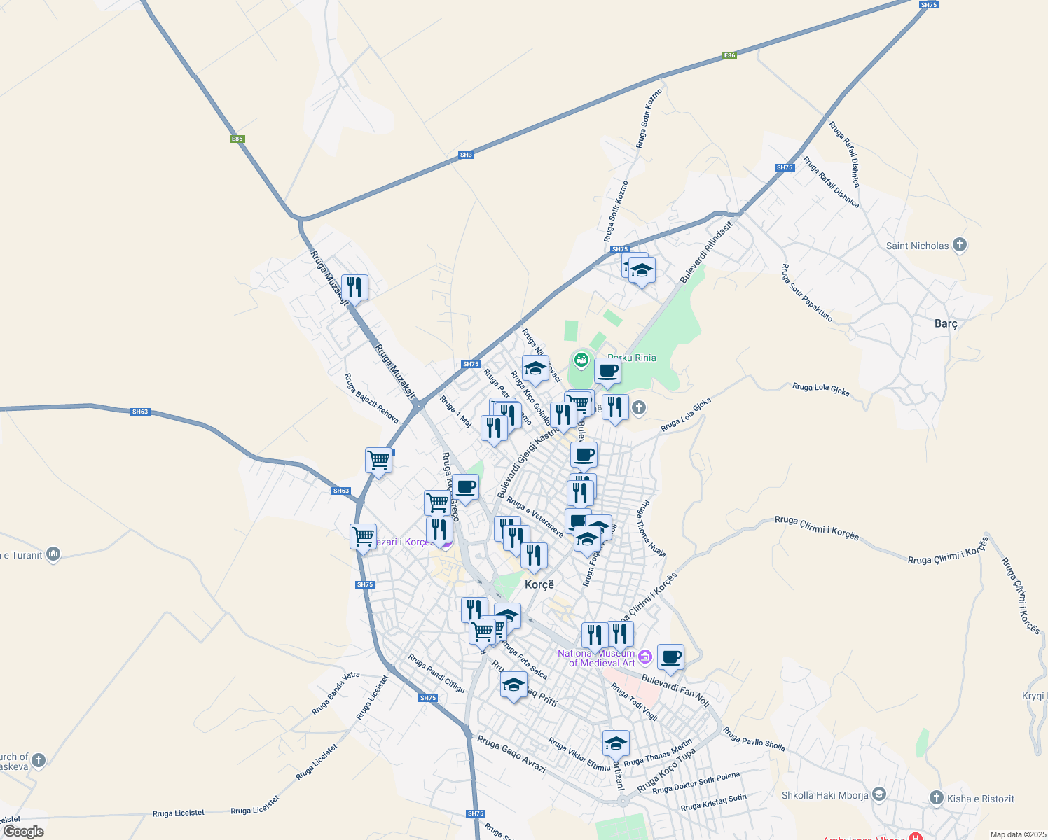 map of restaurants, bars, coffee shops, grocery stores, and more near in Tiranë