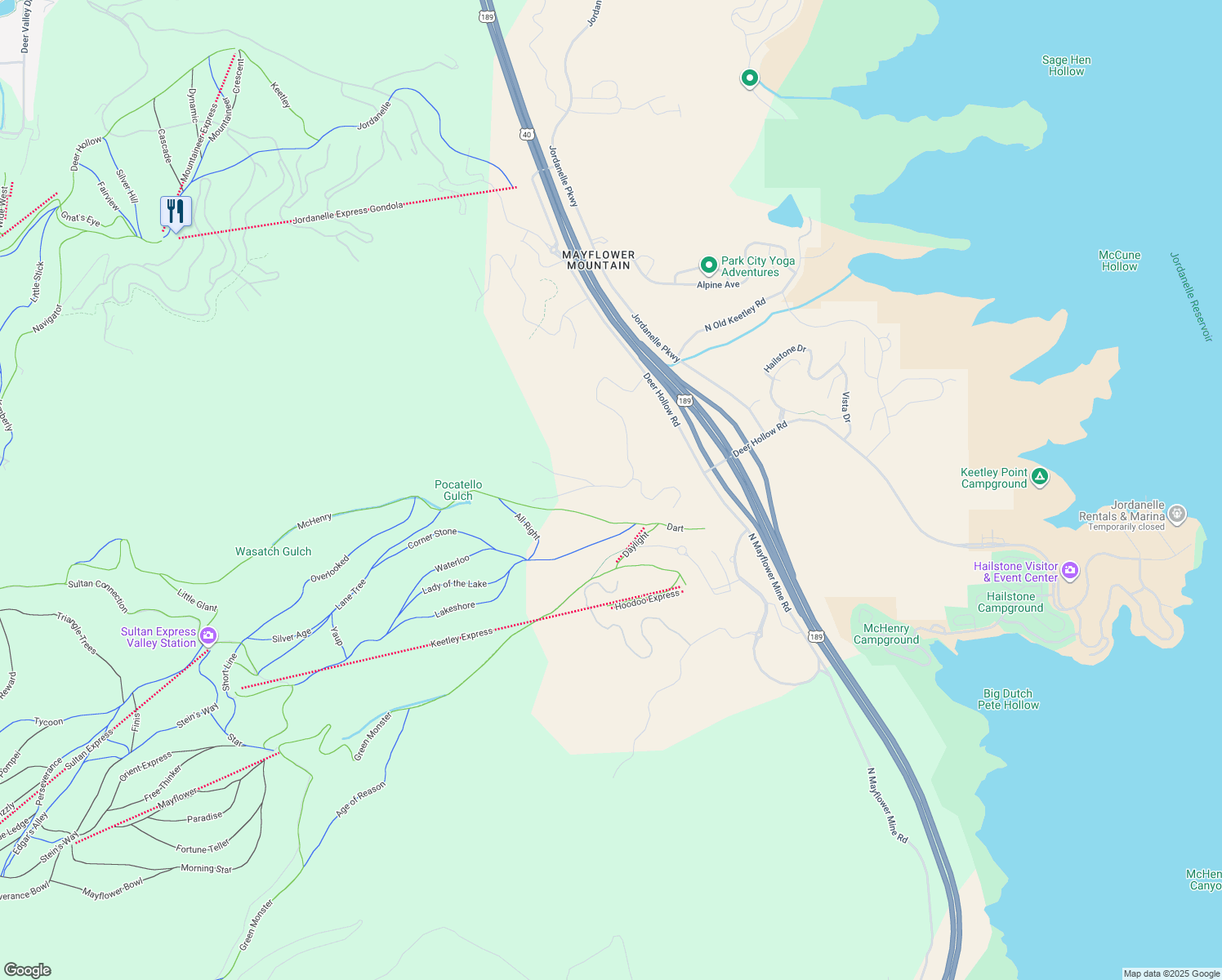 map of restaurants, bars, coffee shops, grocery stores, and more near 9602 North Blue Ledge Drive in Park City