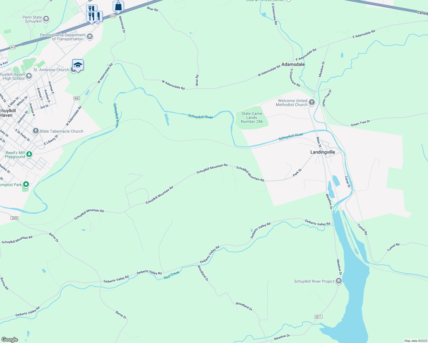 map of restaurants, bars, coffee shops, grocery stores, and more near 1460 Schuylkill Mountain Road in Schuylkill Haven