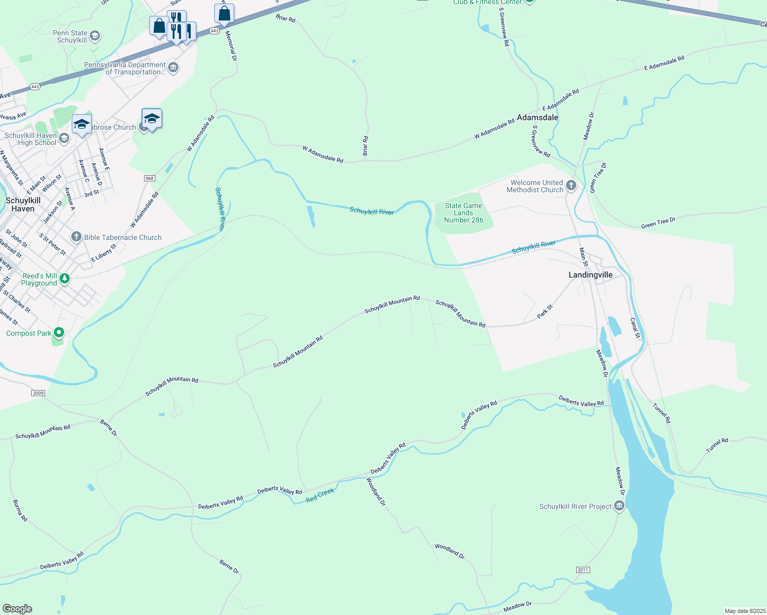 map of restaurants, bars, coffee shops, grocery stores, and more near 1460 Schuylkill Mountain Road in Schuylkill Haven