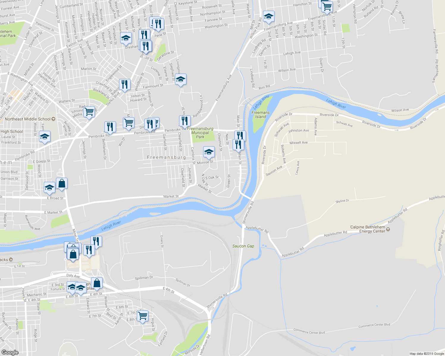 map of restaurants, bars, coffee shops, grocery stores, and more near 377 South Oak Street in Freemansburg