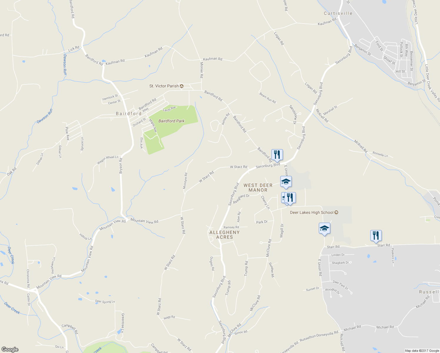 map of restaurants, bars, coffee shops, grocery stores, and more near 1009 York Way in Gibsonia