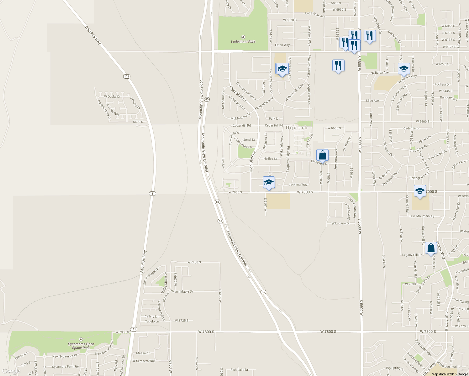 map of restaurants, bars, coffee shops, grocery stores, and more near 6301 Passenger Lane in West Jordan