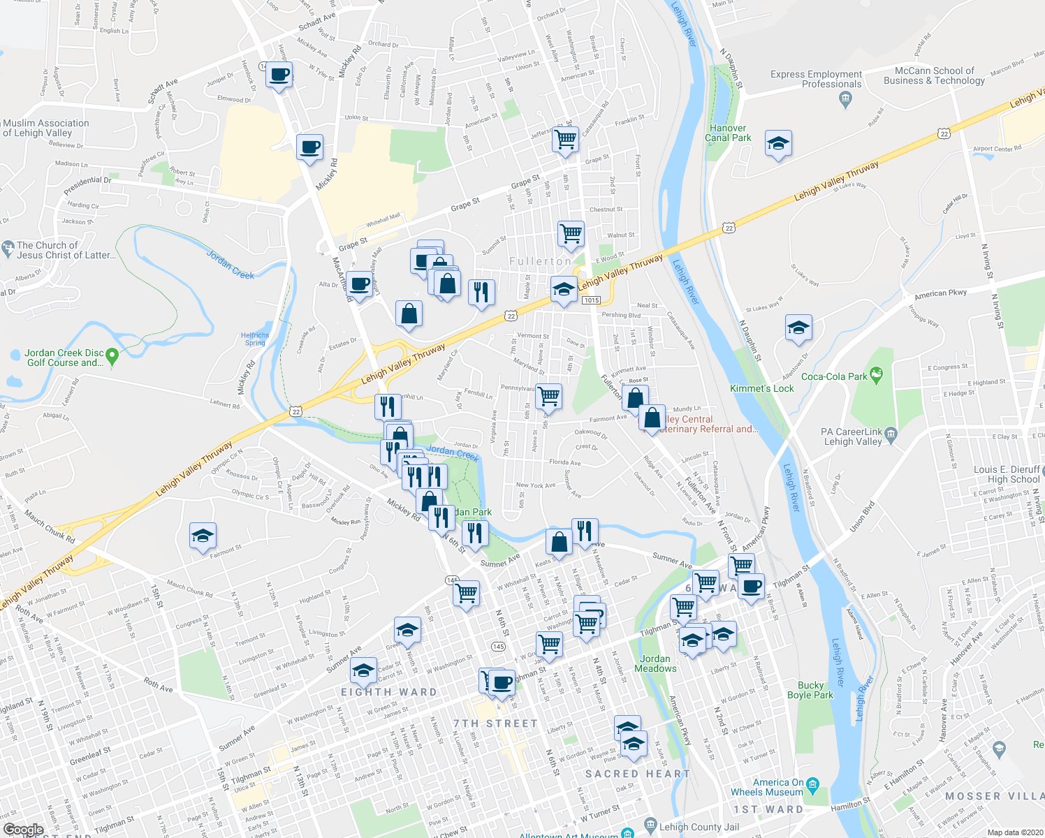 map of restaurants, bars, coffee shops, grocery stores, and more near 304 6th Street in Fullerton
