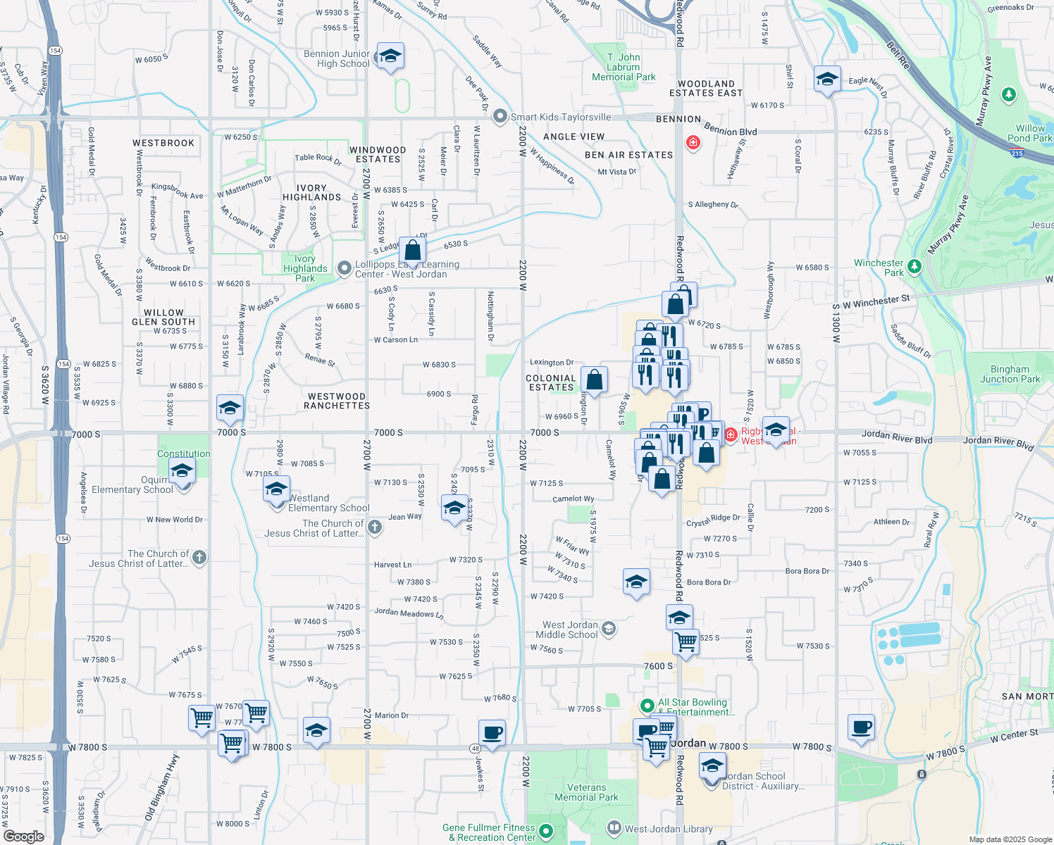 map of restaurants, bars, coffee shops, grocery stores, and more near 6975 2200 W in West Jordan