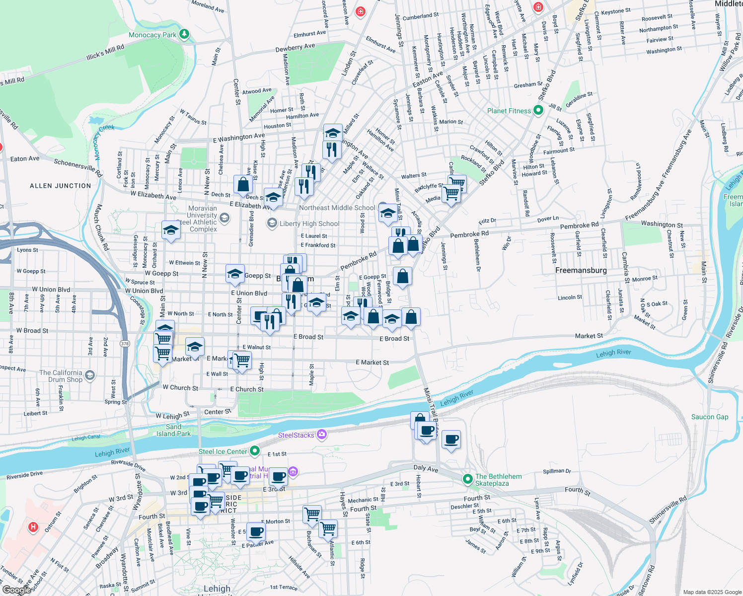 map of restaurants, bars, coffee shops, grocery stores, and more near 760 Wood Street in Bethlehem