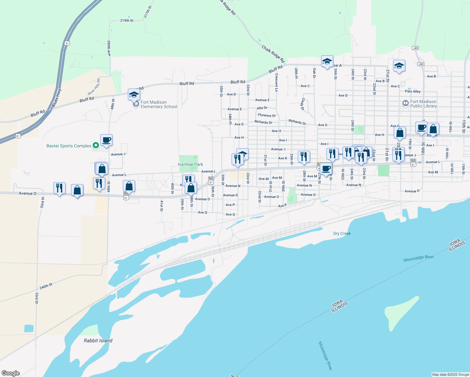 map of restaurants, bars, coffee shops, grocery stores, and more near 1403 34th Street in Fort Madison