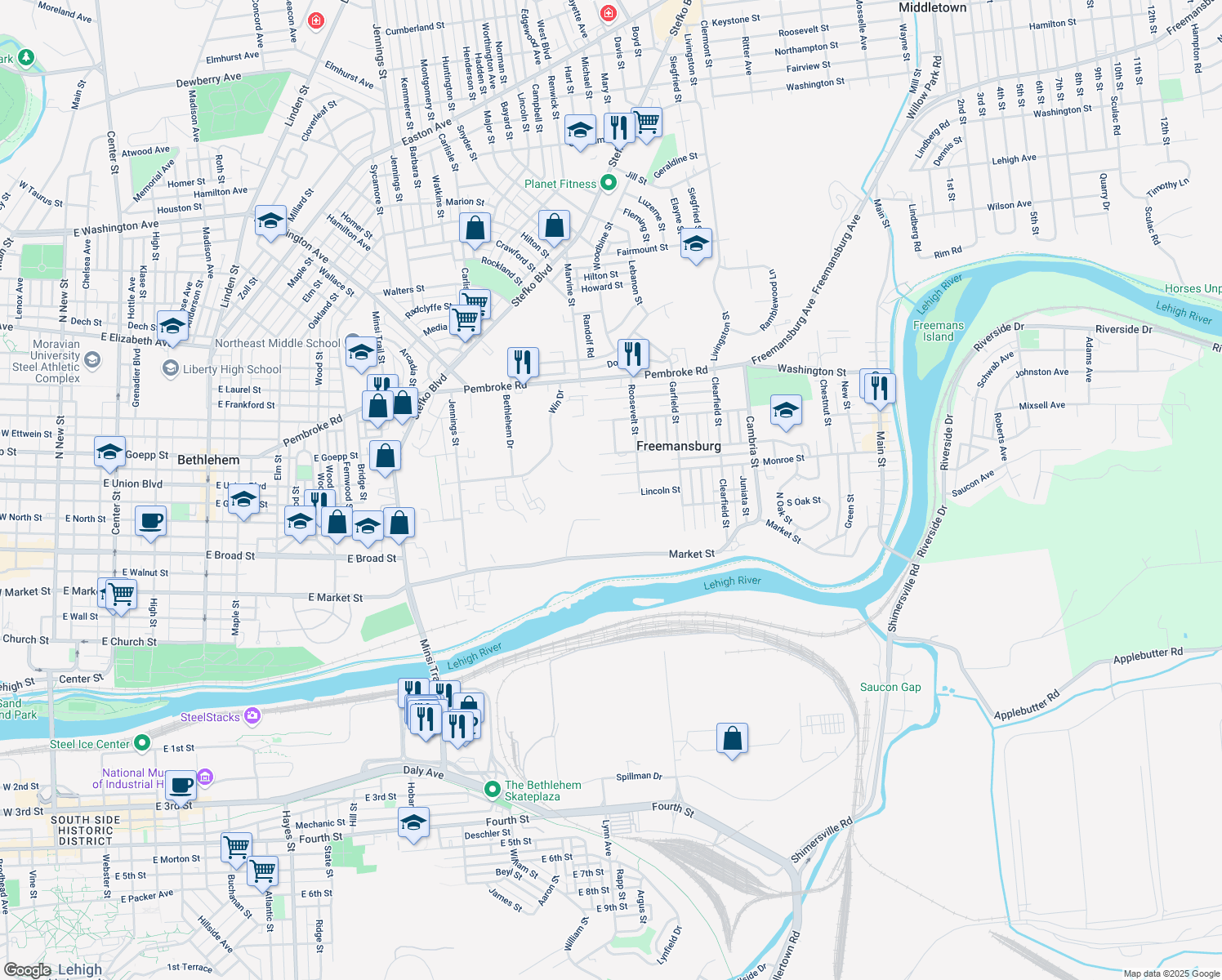 map of restaurants, bars, coffee shops, grocery stores, and more near 1019 Lincoln St in Freemansburg