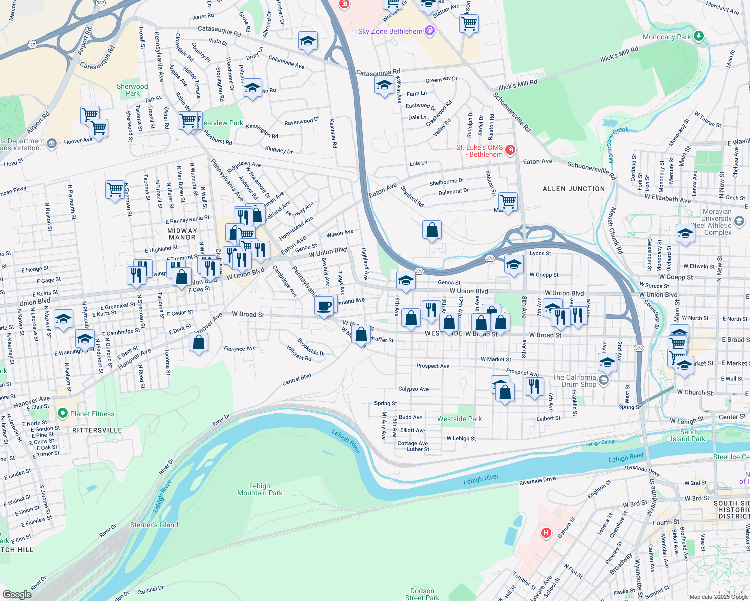 map of restaurants, bars, coffee shops, grocery stores, and more near 1745 Richmond Avenue in Bethlehem