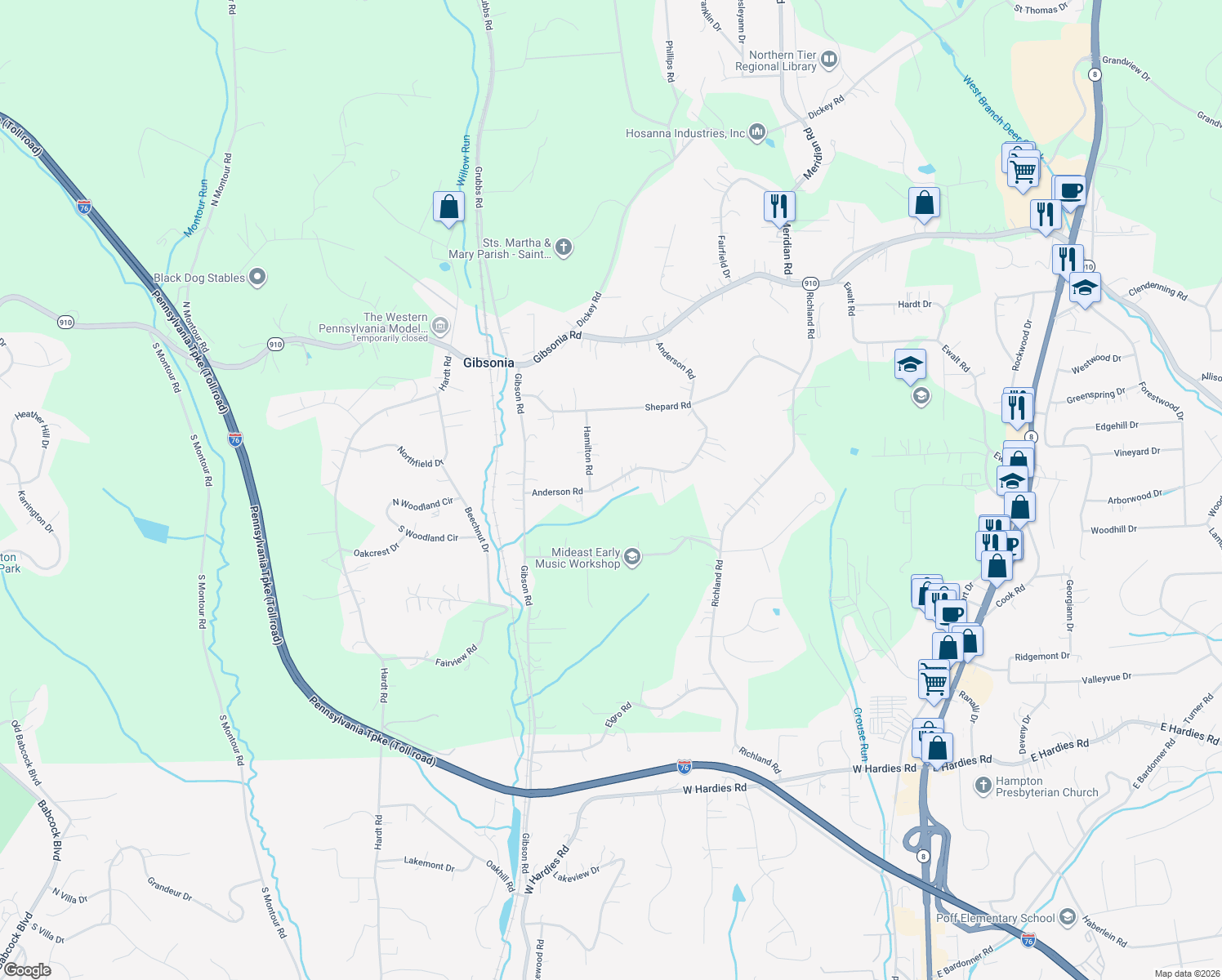 map of restaurants, bars, coffee shops, grocery stores, and more near 3840 Anderson Road in Gibsonia