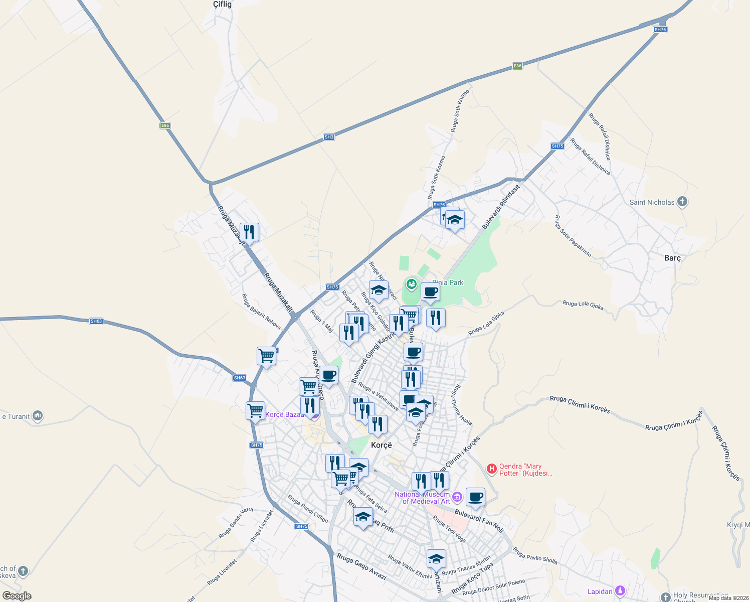 map of restaurants, bars, coffee shops, grocery stores, and more near Rruga Pano Xhamballo in Korçë