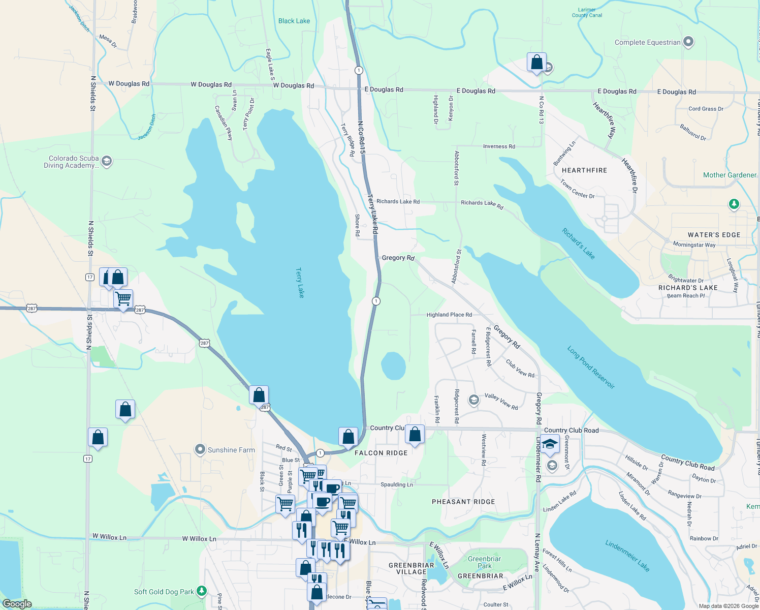 map of restaurants, bars, coffee shops, grocery stores, and more near 2720 Terry Lake Road in Fort Collins