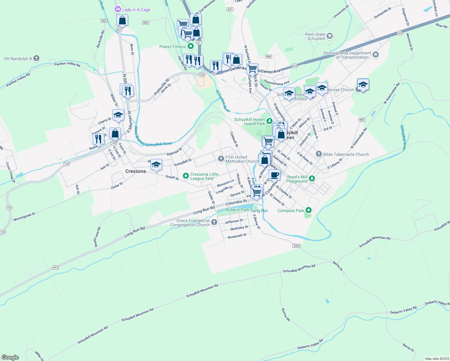map of restaurants, bars, coffee shops, grocery stores, and more near 28 Blossom Lane in Schuylkill Haven