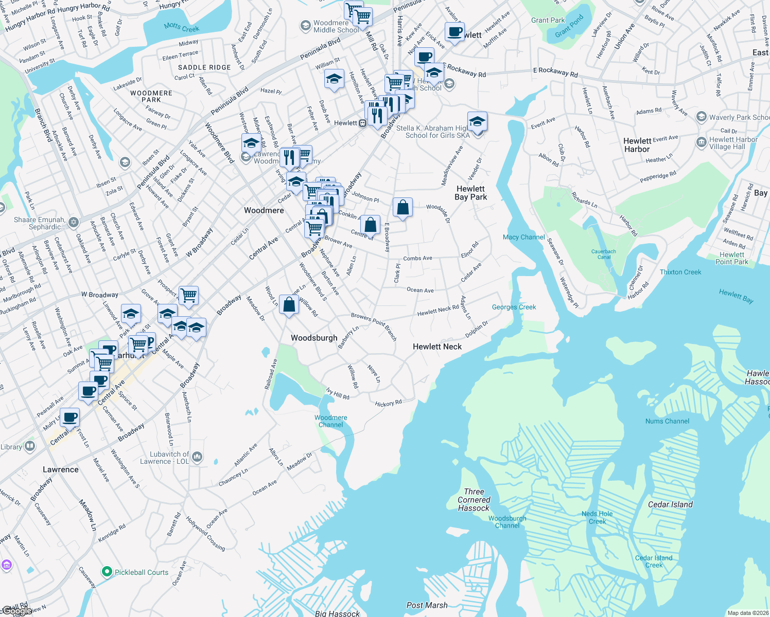 map of restaurants, bars, coffee shops, grocery stores, and more near 115 Harold Road in Woodmere