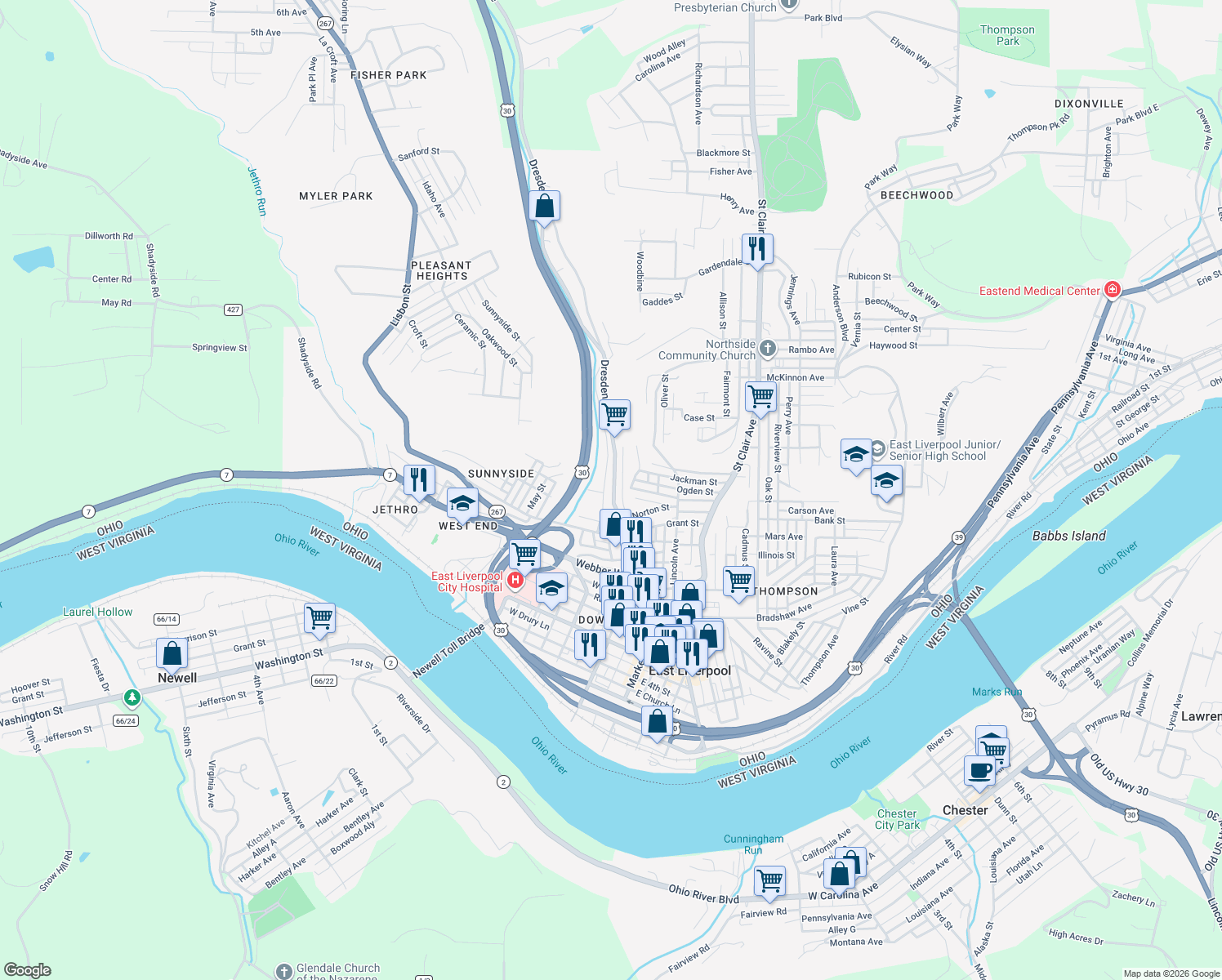 map of restaurants, bars, coffee shops, grocery stores, and more near 1007 Dresden Avenue in East Liverpool