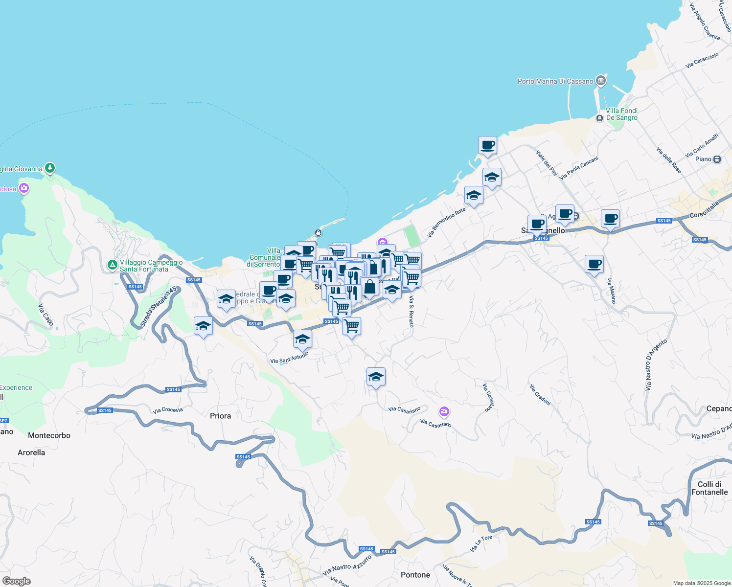 map of restaurants, bars, coffee shops, grocery stores, and more near Piazza Giovanni Battista de Curtis in Sorrento