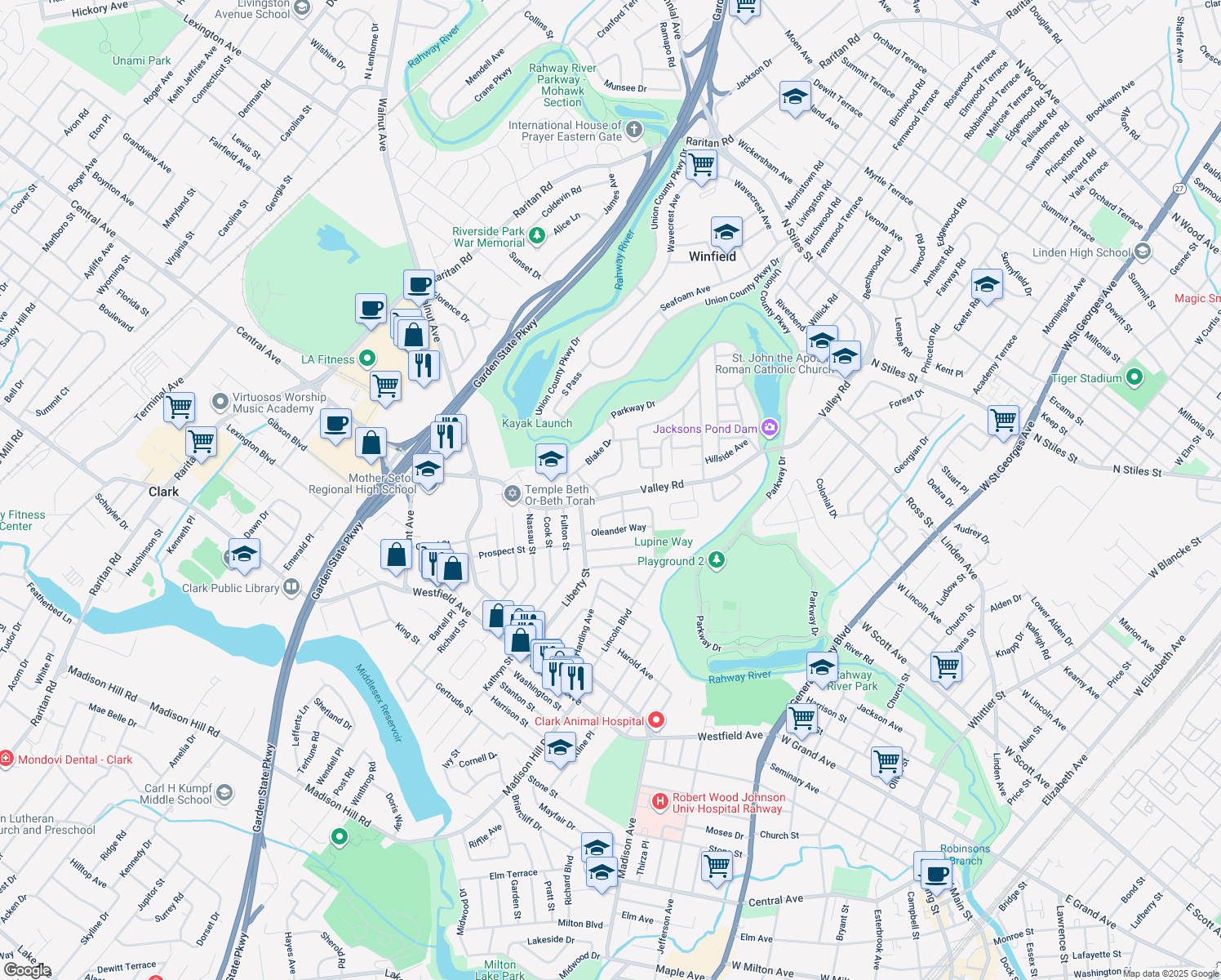 map of restaurants, bars, coffee shops, grocery stores, and more near 246 Valley Rd in Clark