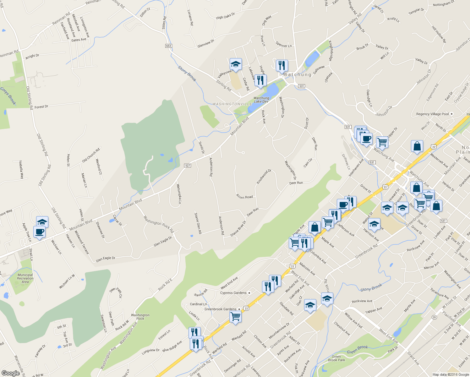 map of restaurants, bars, coffee shops, grocery stores, and more near 65 Acorn Road in Watchung