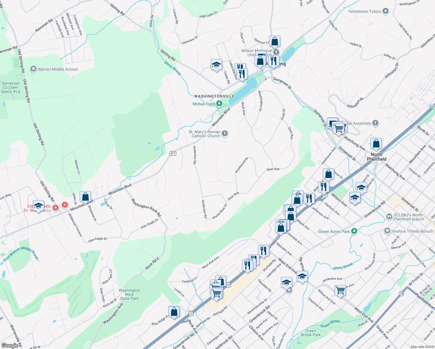 map of restaurants, bars, coffee shops, grocery stores, and more near 65 Acorn Road in Watchung