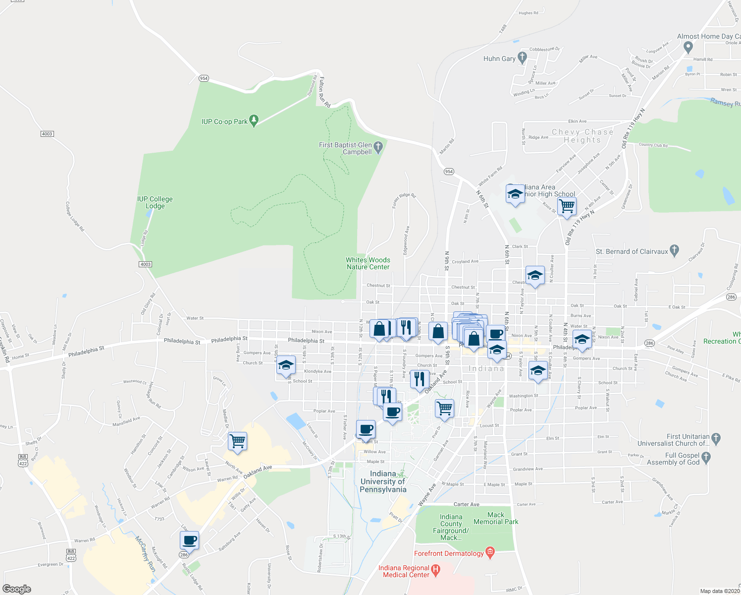 map of restaurants, bars, coffee shops, grocery stores, and more near 1161 Oak Street in Indiana