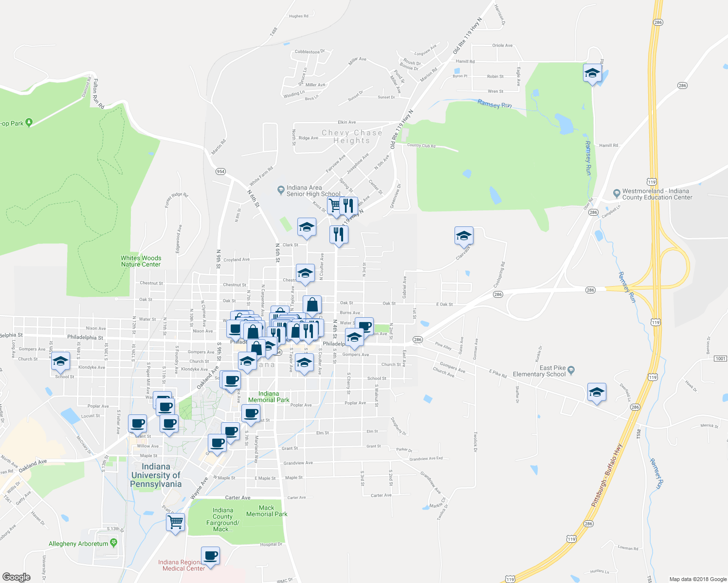 map of restaurants, bars, coffee shops, grocery stores, and more near 255 N 3rd St in Indiana