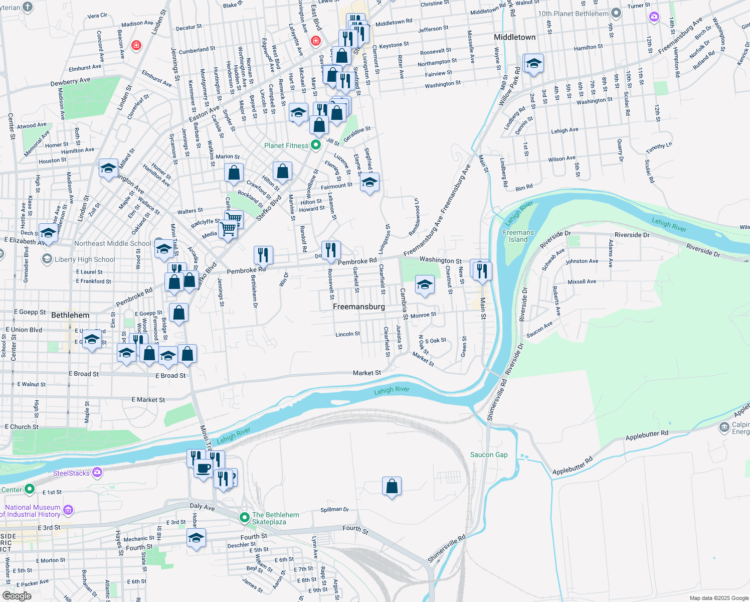 map of restaurants, bars, coffee shops, grocery stores, and more near 343 Somerset St in Freemansburg