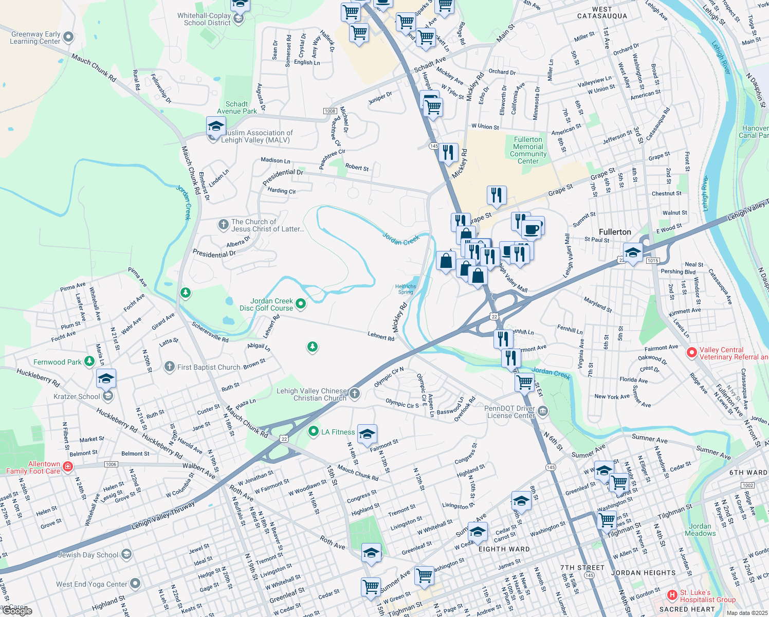map of restaurants, bars, coffee shops, grocery stores, and more near 642 Mickley Rd in Fullerton