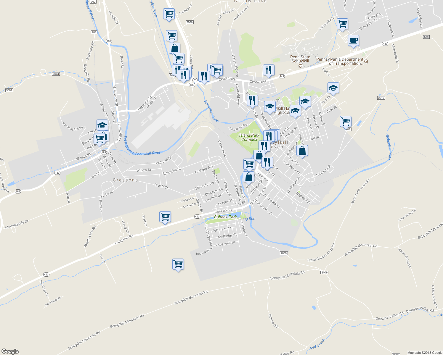 map of restaurants, bars, coffee shops, grocery stores, and more near 417 Hillcroft Avenue in Schuylkill Haven