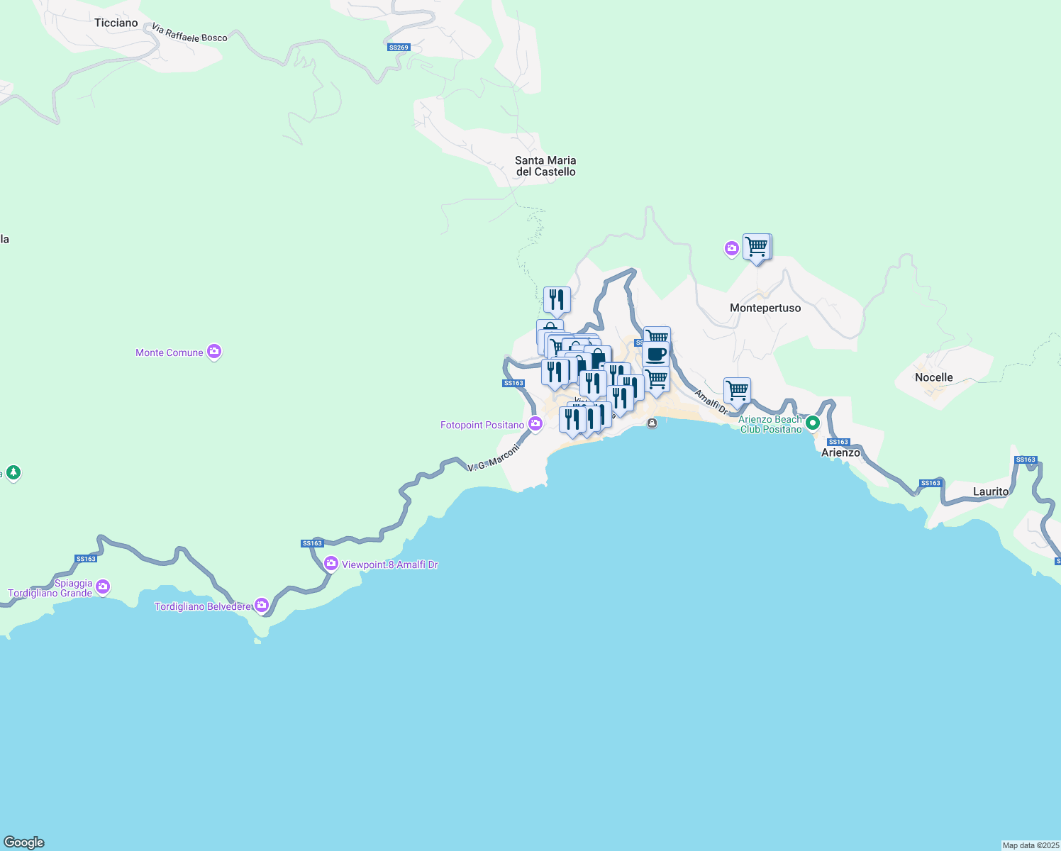map of restaurants, bars, coffee shops, grocery stores, and more near 313 Via Guglielmo Marconi in Positano