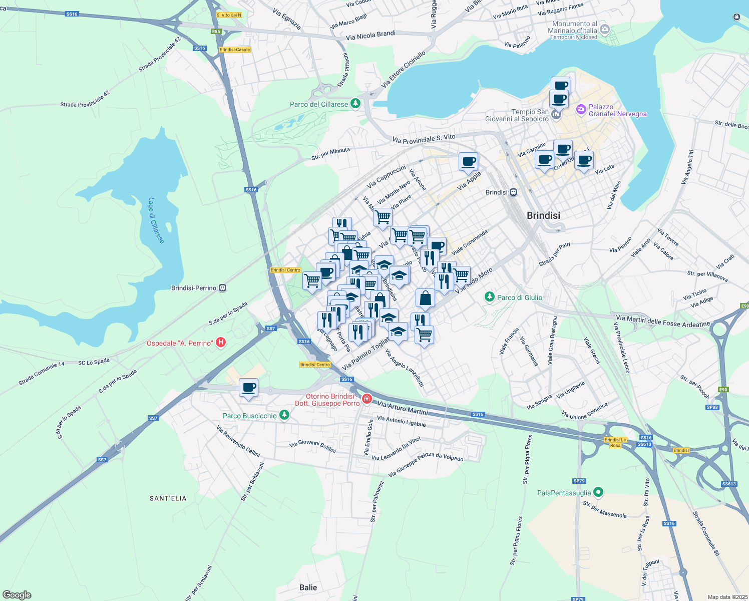 map of restaurants, bars, coffee shops, grocery stores, and more near Via San Giovanni Bosco in Brindisi