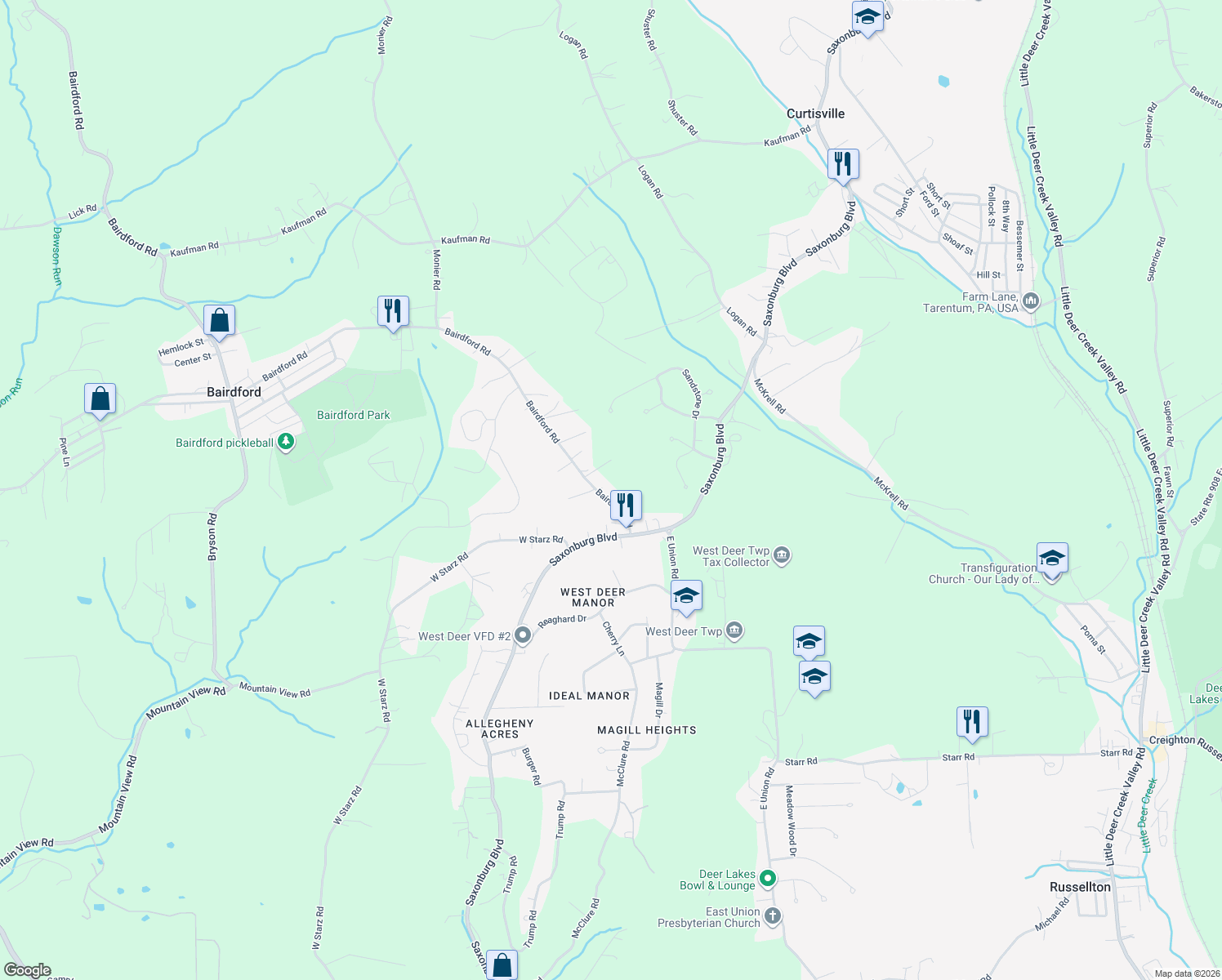 map of restaurants, bars, coffee shops, grocery stores, and more near 691 Bairdford Rd in Allegheny