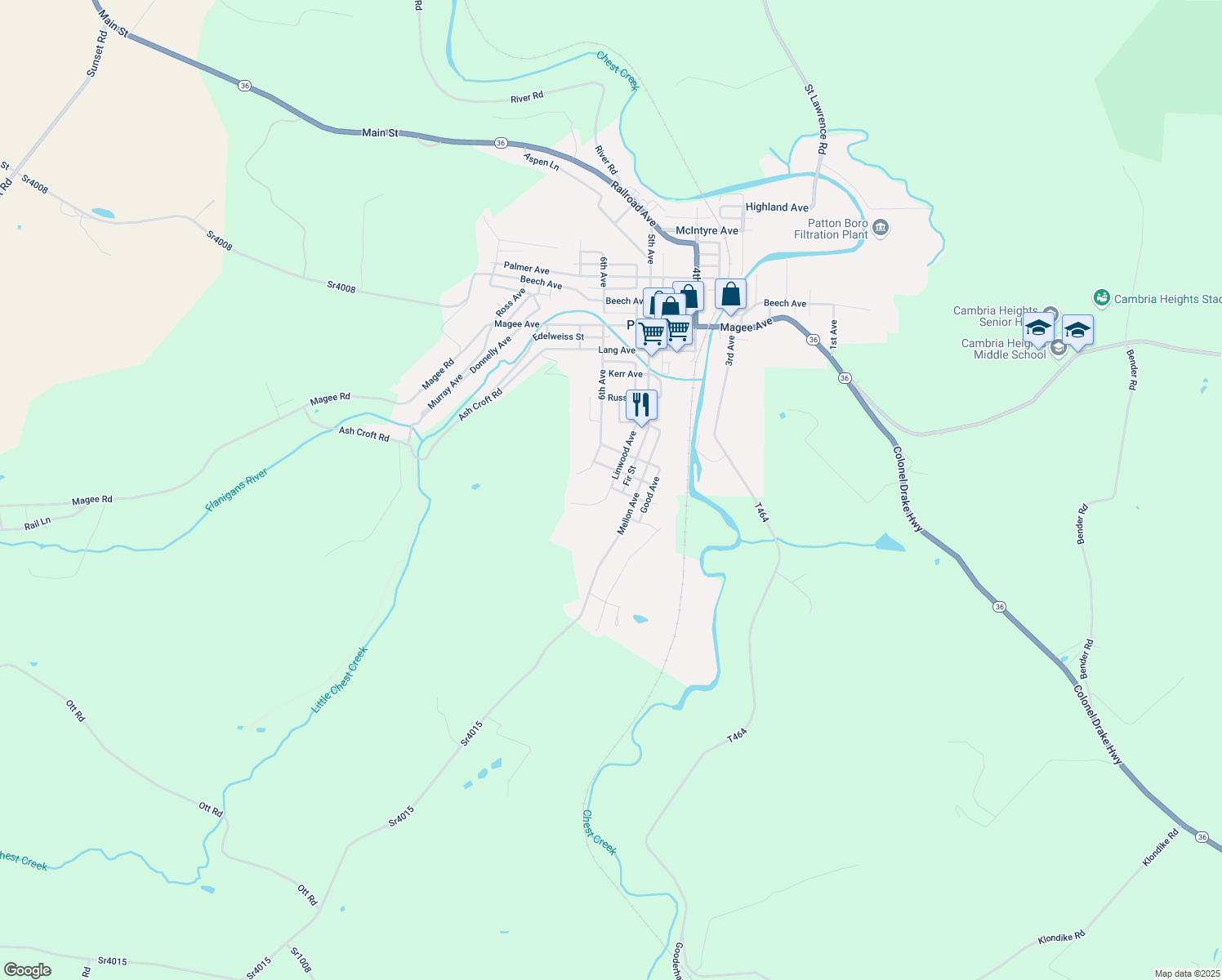 map of restaurants, bars, coffee shops, grocery stores, and more near 179 Linwood Avenue in Patton