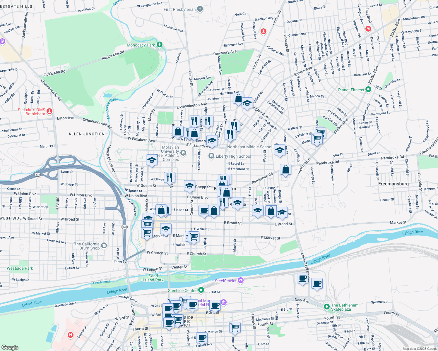 map of restaurants, bars, coffee shops, grocery stores, and more near 250 E Fairview St in Bethlehem