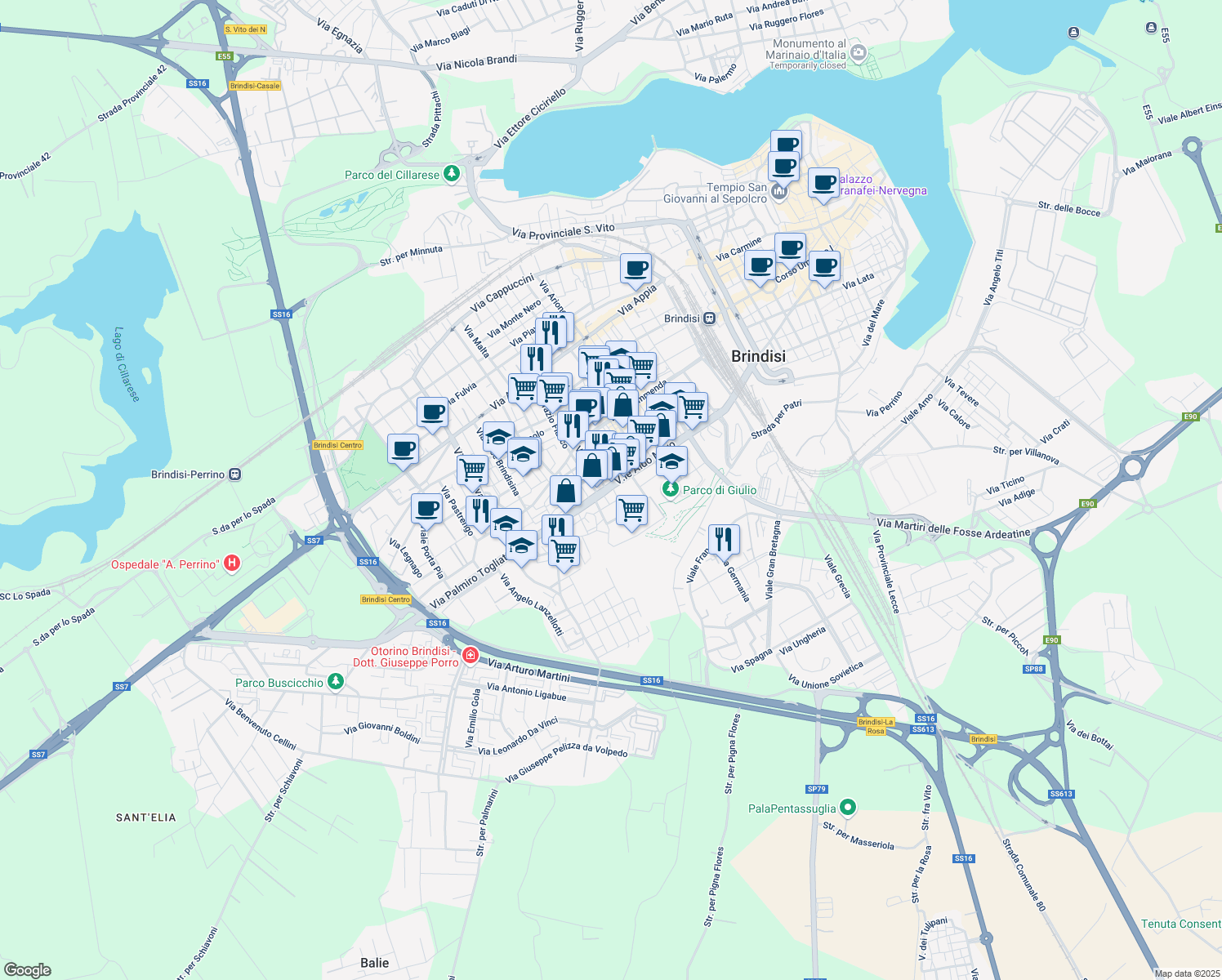 map of restaurants, bars, coffee shops, grocery stores, and more near 28 Viale Aldo Moro in Brindisi