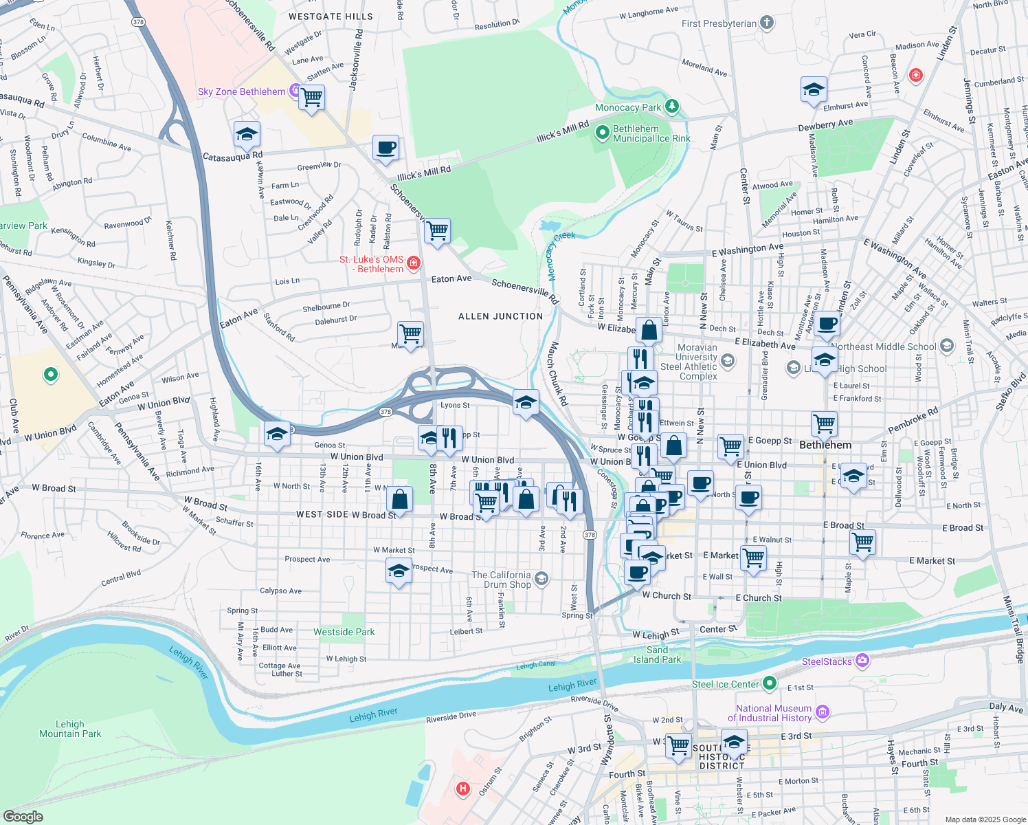 map of restaurants, bars, coffee shops, grocery stores, and more near 935 4th Ave in Bethlehem